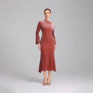Pink Bare Shoulder Velvet Midi Dress