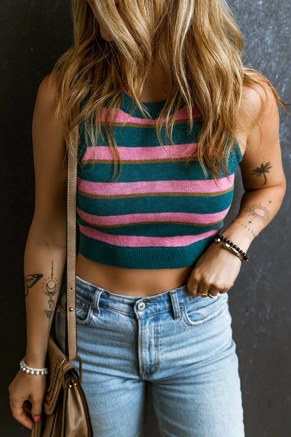 Pink Stripe Sleeveless Knit Cropped Sweater Top