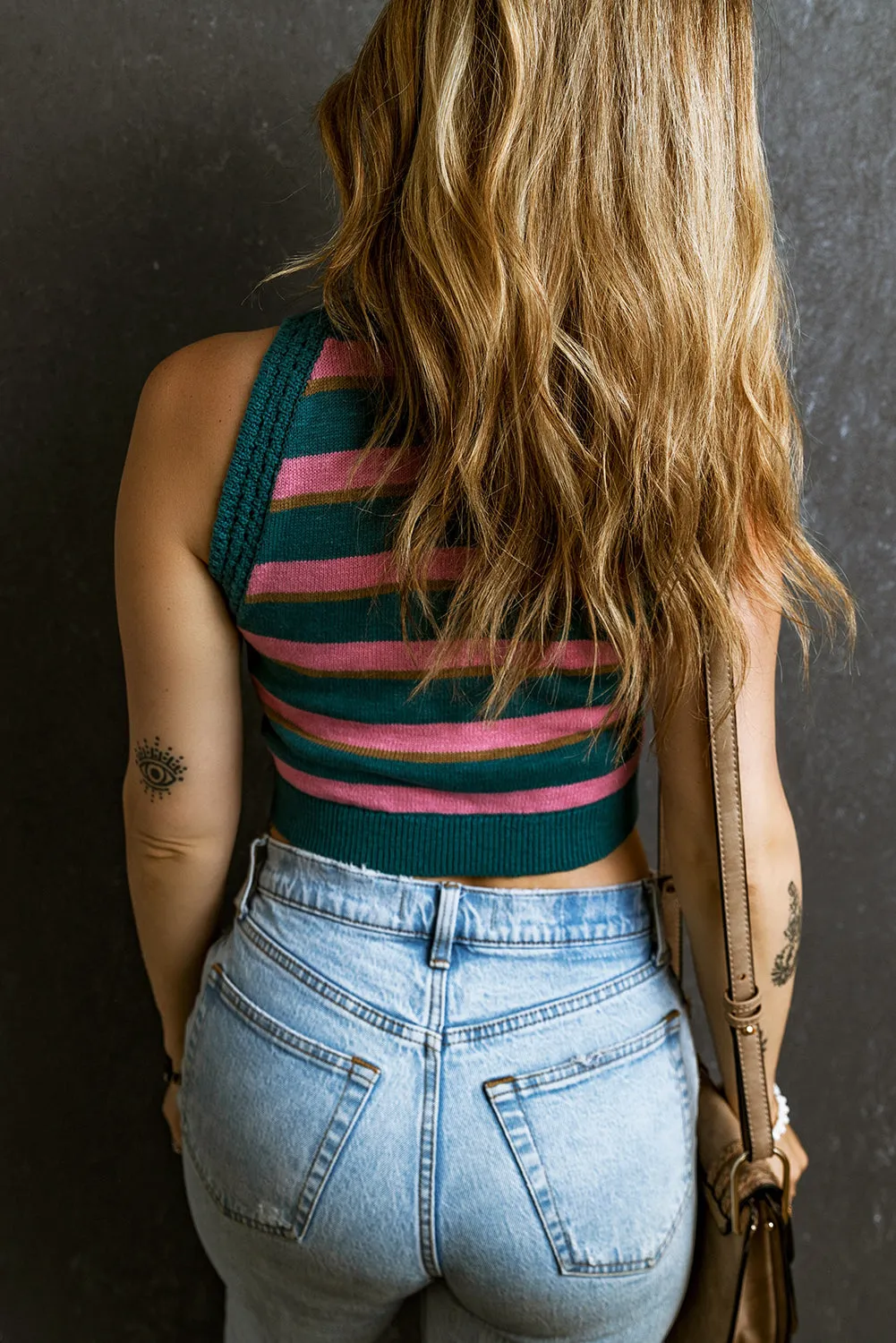 Pink Stripe Sleeveless Knit Cropped Sweater Top