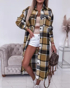 Plaid Print Buttoned Pocket Design Longline Coat