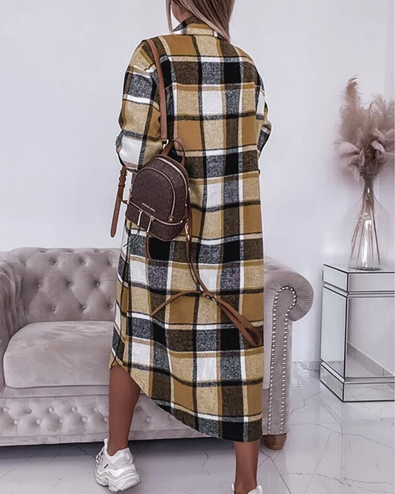 Plaid Print Buttoned Pocket Design Longline Coat