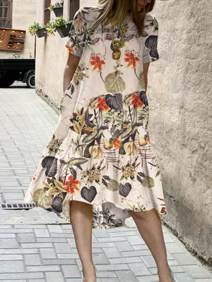 Plant Print High Low Hem Casual Short Sleeve Pocket Women Midi Dress