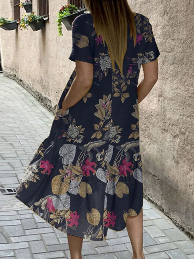 Plant Print High Low Hem Casual Short Sleeve Pocket Women Midi Dress