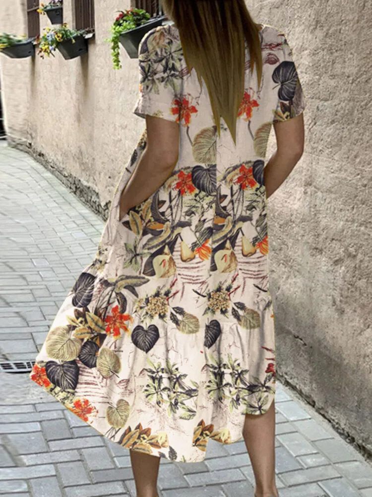 Plant Print High Low Hem Casual Short Sleeve Pocket Women Midi Dress