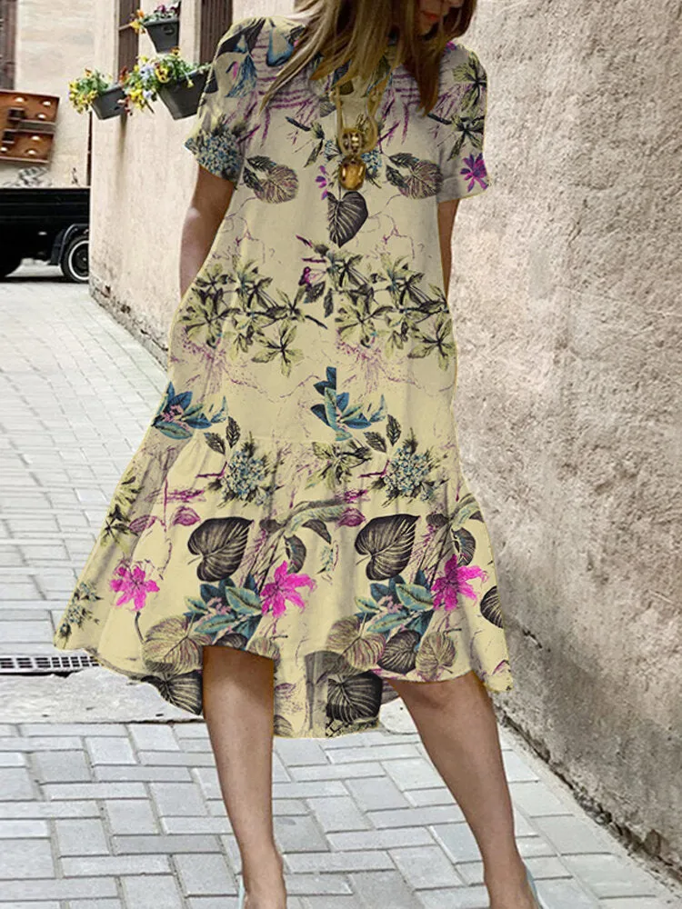 Plant Print High Low Hem Casual Short Sleeve Pocket Women Midi Dress