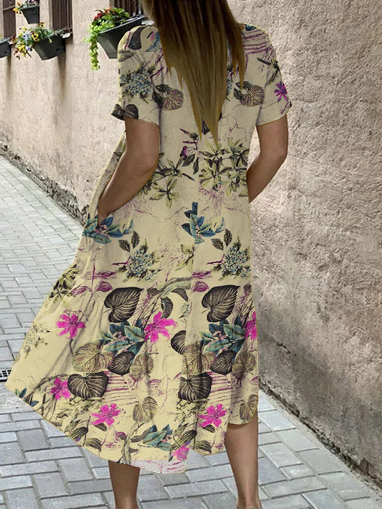 Plant Print High Low Hem Casual Short Sleeve Pocket Women Midi Dress