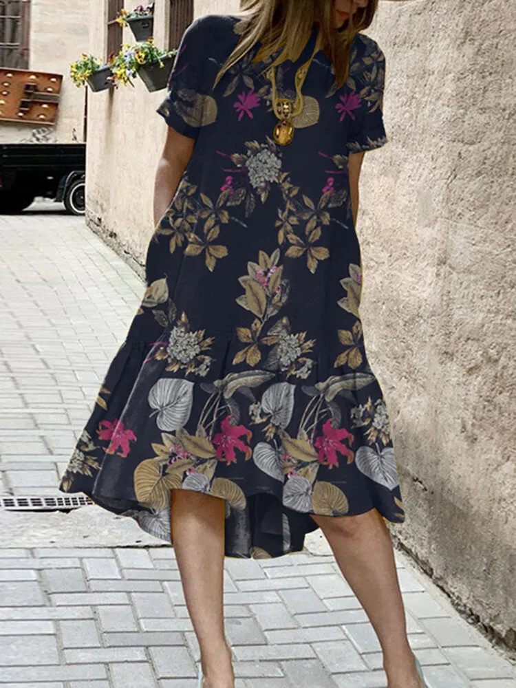 Plant Print High Low Hem Casual Short Sleeve Pocket Women Midi Dress