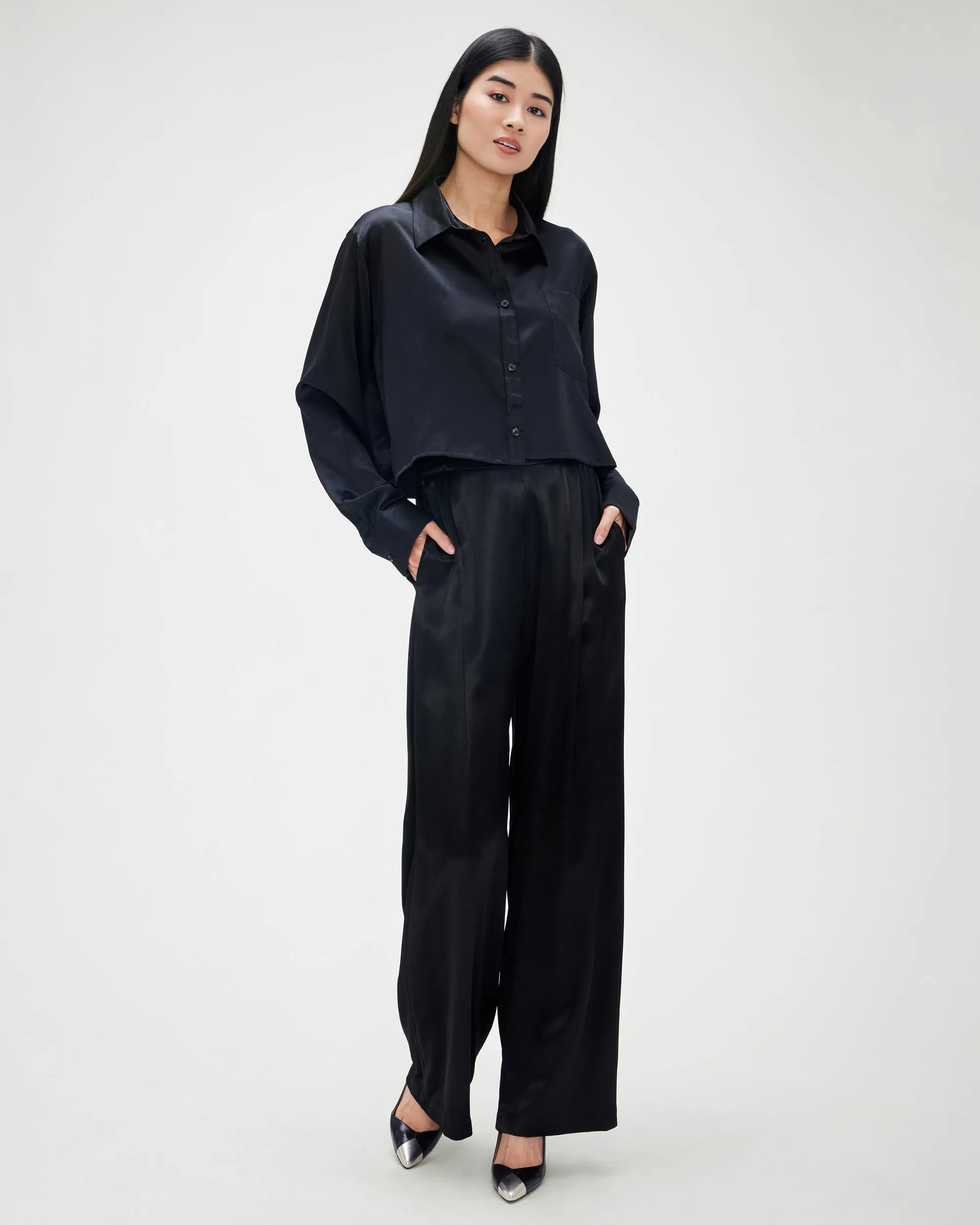 Pleated Satin Pant in Black