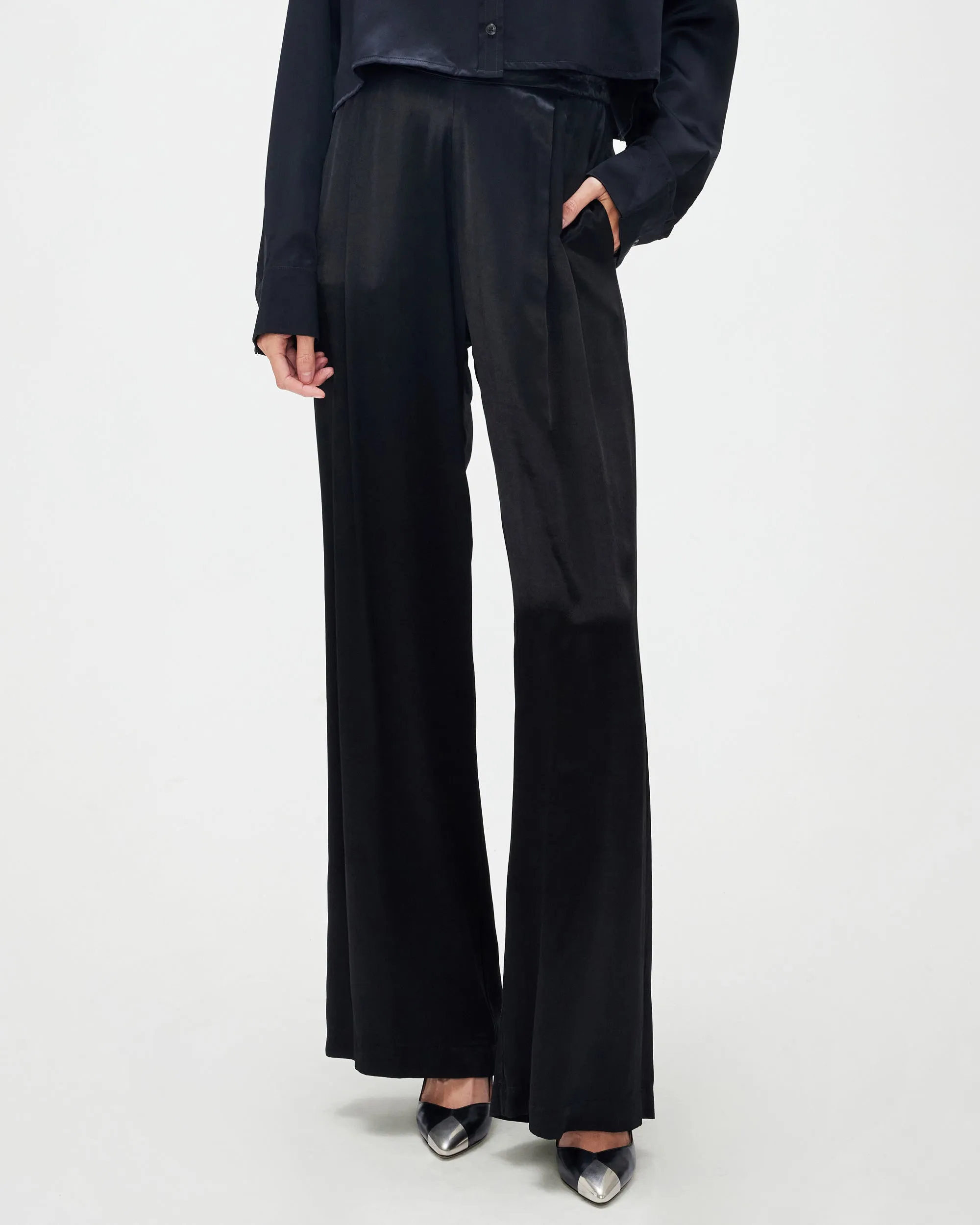 Pleated Satin Pant in Black