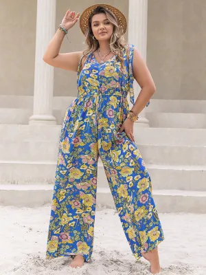 Plus Size Boho Printed V-Neck Wide Leg Jumpsuit
