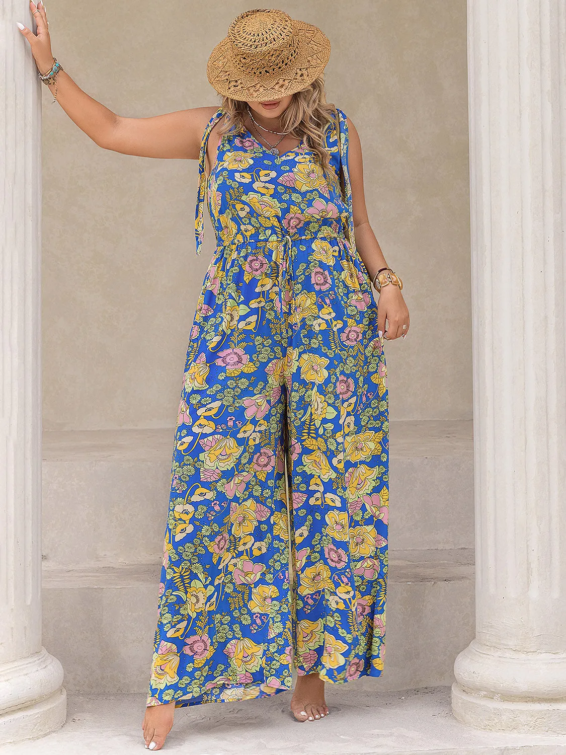 Plus Size Boho Printed V-Neck Wide Leg Jumpsuit