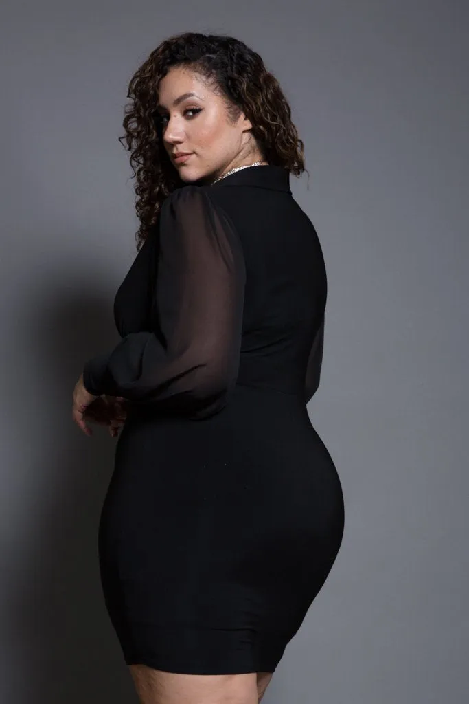 Plus Size Bubble Sleeves Collared Dress