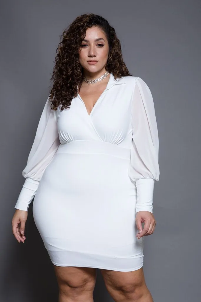 Plus Size Bubble Sleeves Collared Dress