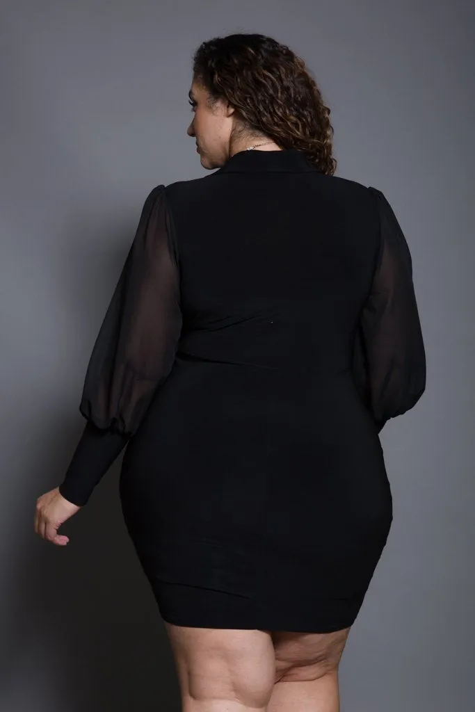 Plus Size Bubble Sleeves Collared Dress