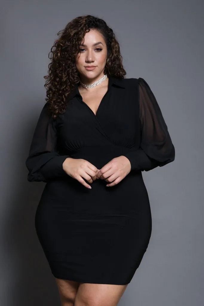 Plus Size Bubble Sleeves Collared Dress