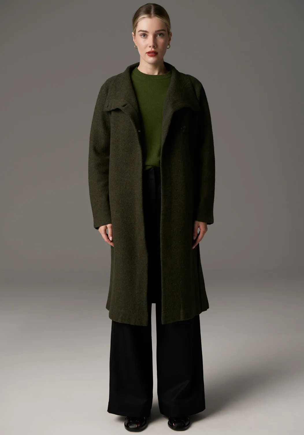 POL Ruben Boiled Merino Draped Coat - Khaki