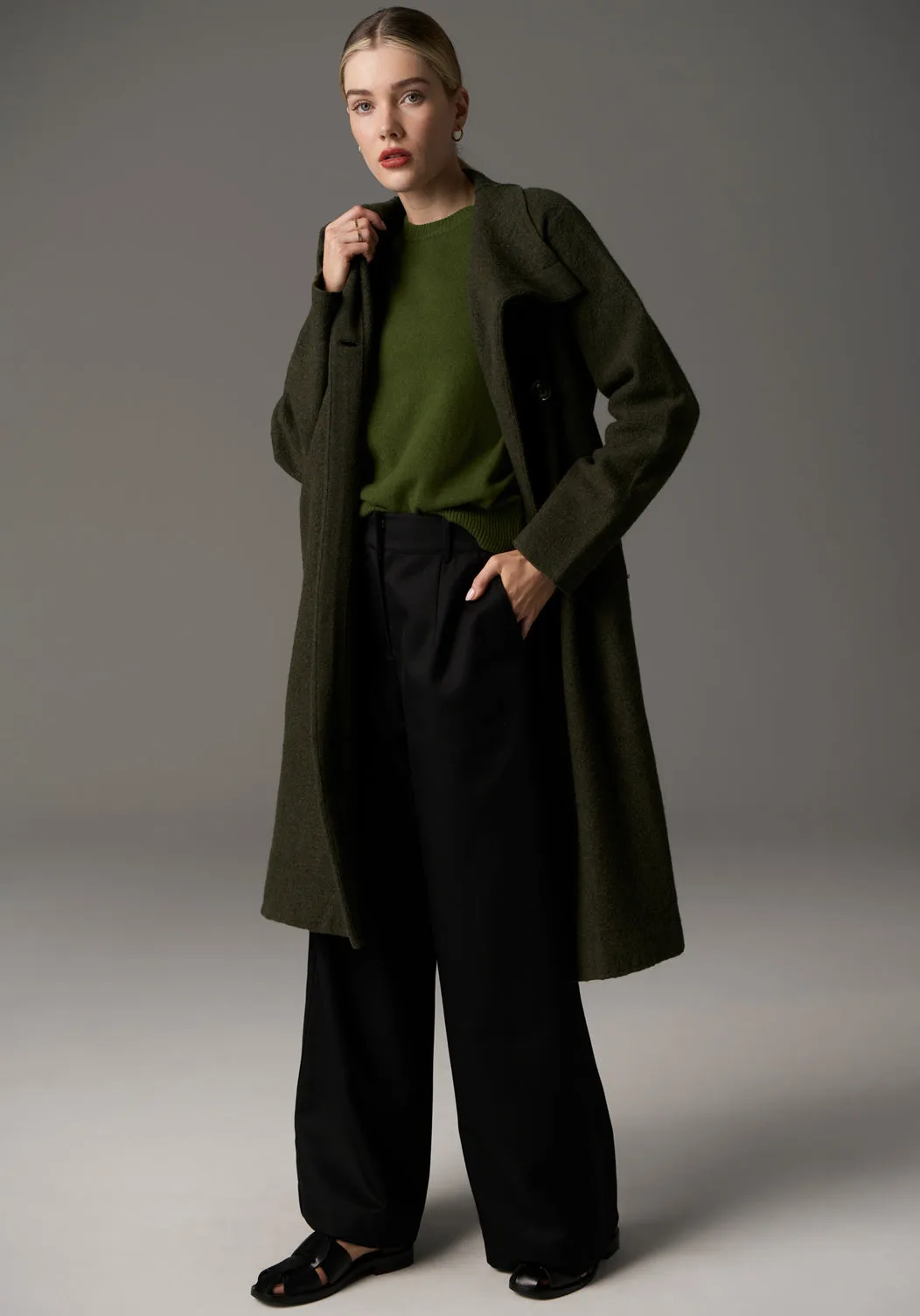 POL Ruben Boiled Merino Draped Coat - Khaki