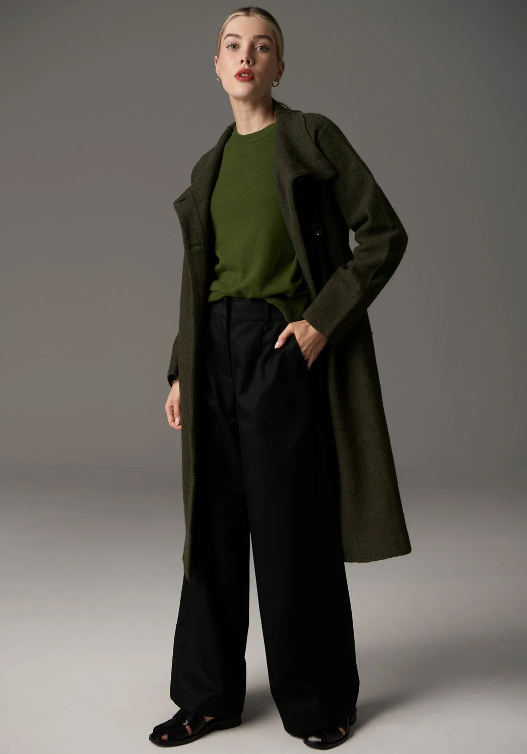 POL Ruben Boiled Merino Draped Coat - Khaki