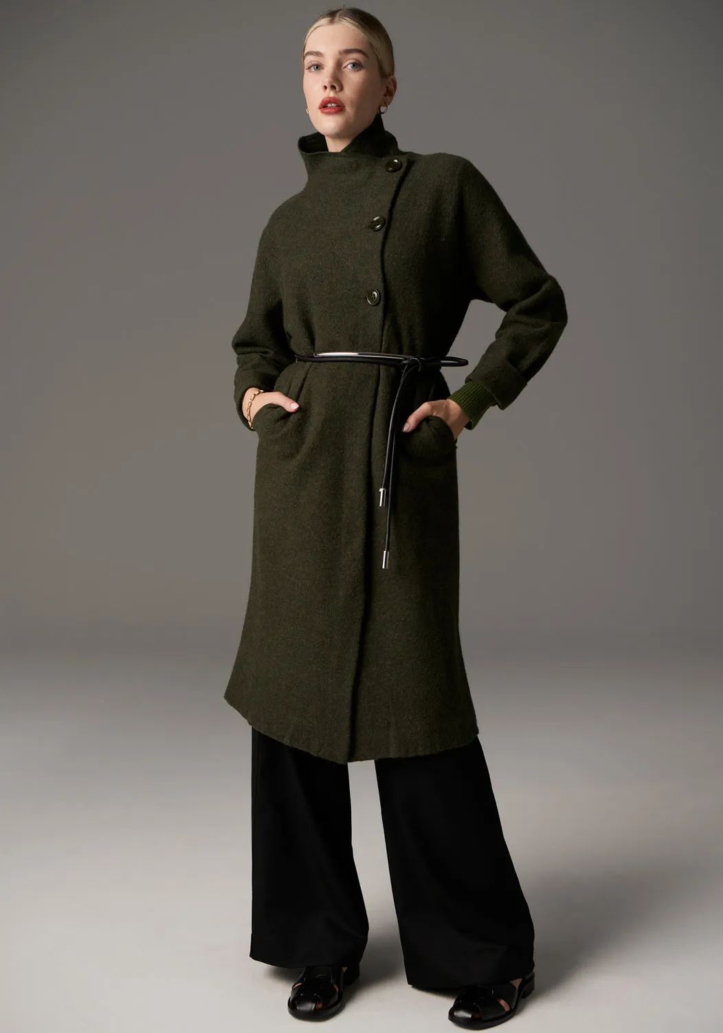 POL Ruben Boiled Merino Draped Coat - Khaki