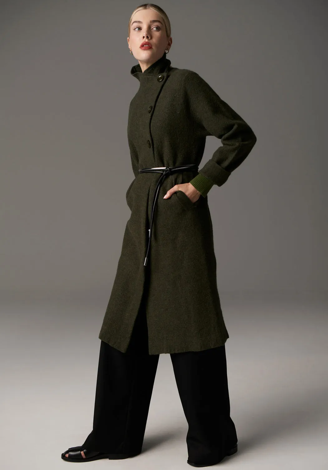 POL Ruben Boiled Merino Draped Coat - Khaki