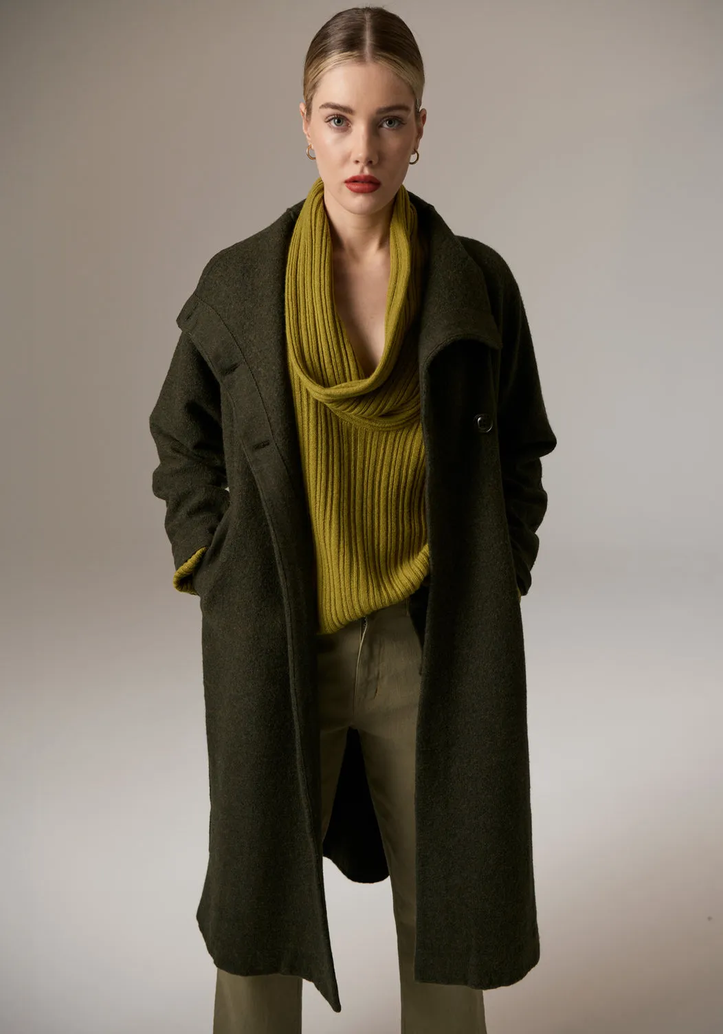 POL Ruben Boiled Merino Draped Coat - Khaki