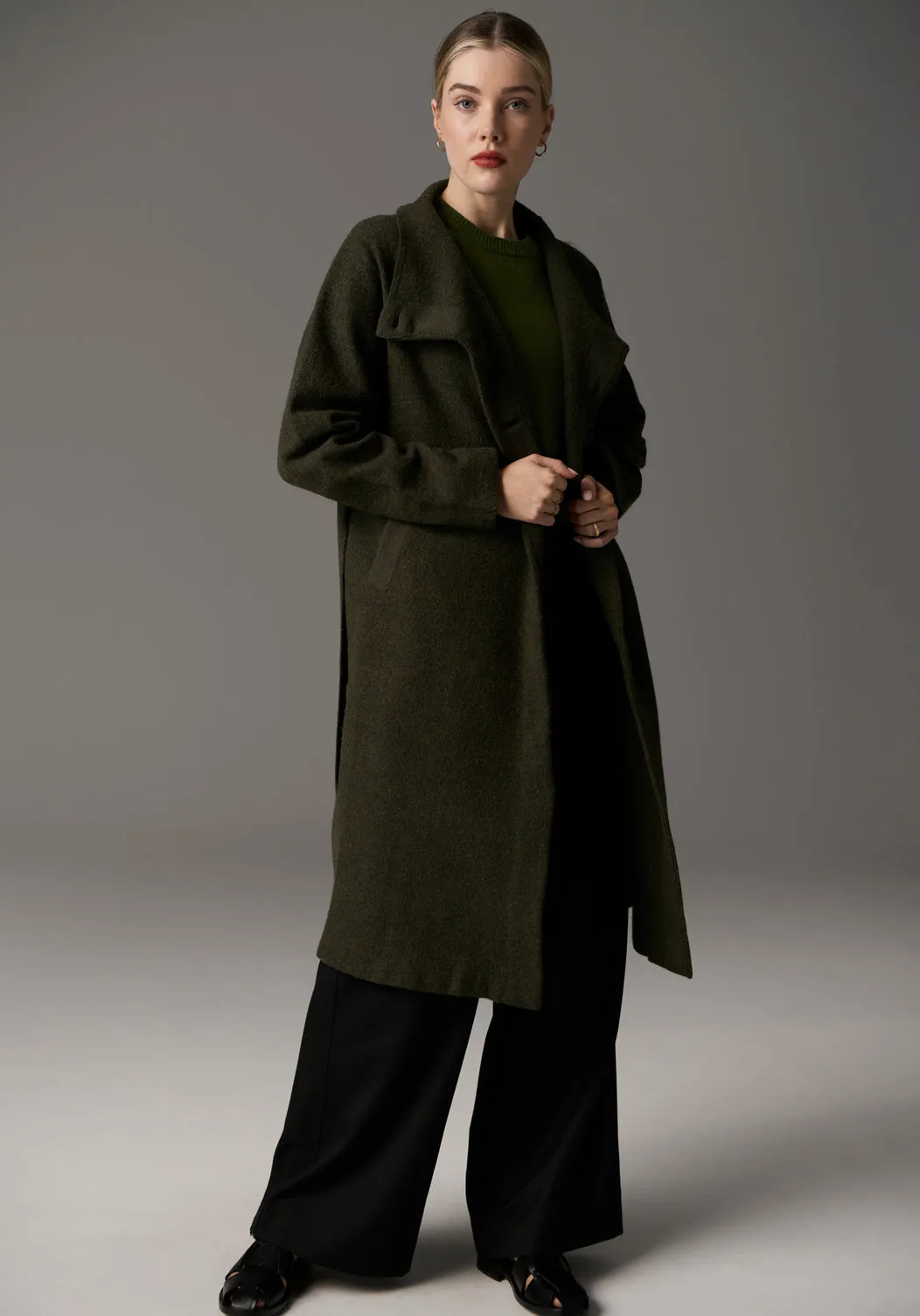 POL Ruben Boiled Merino Draped Coat - Khaki