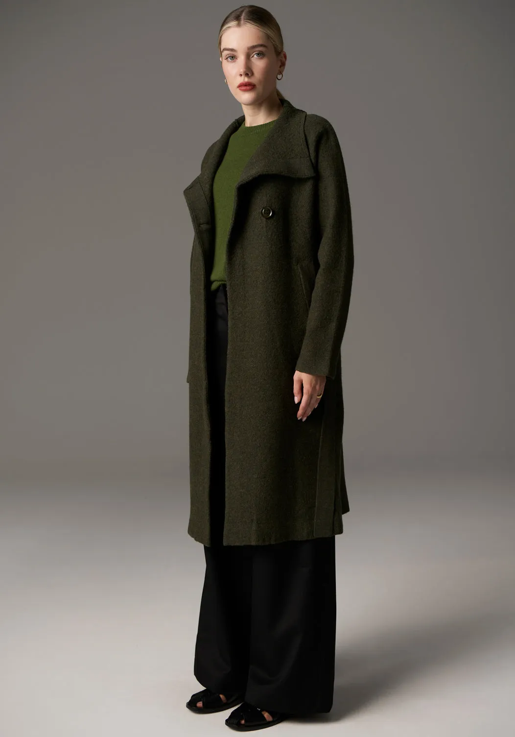 POL Ruben Boiled Merino Draped Coat - Khaki