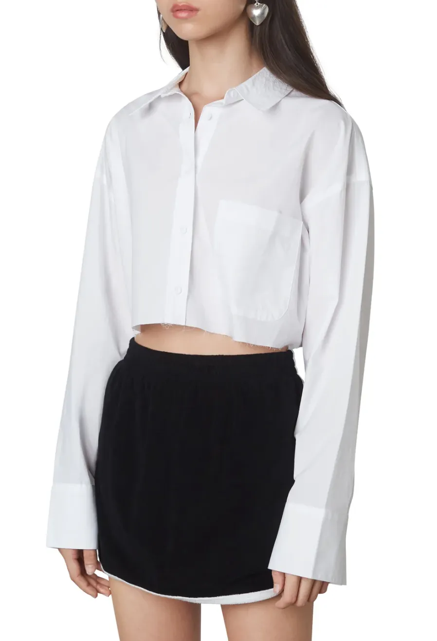 Poplin Boxy Long Sleeve Cropped Button Down Shirt