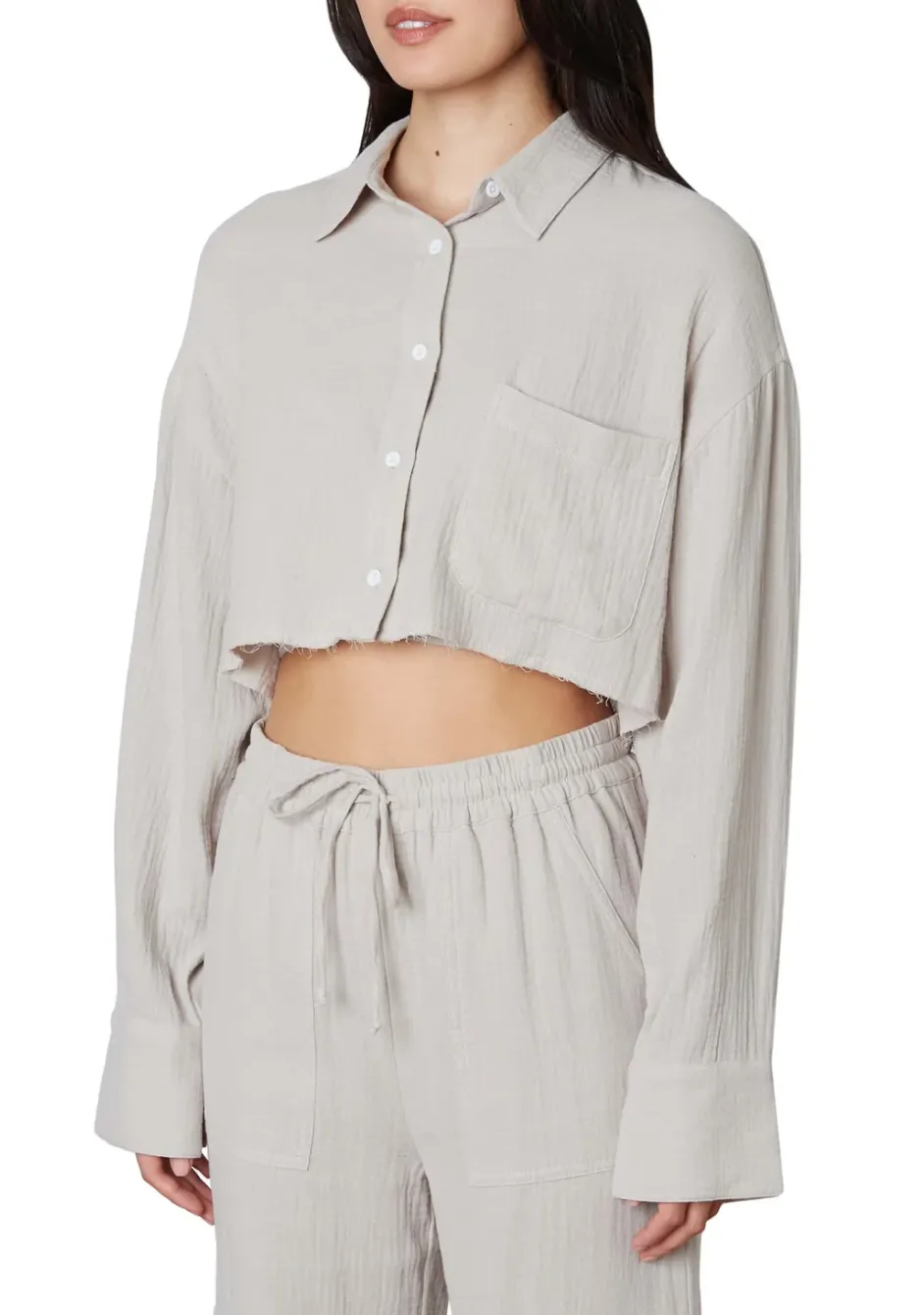 Poplin Boxy Long Sleeve Cropped Button Down Shirt