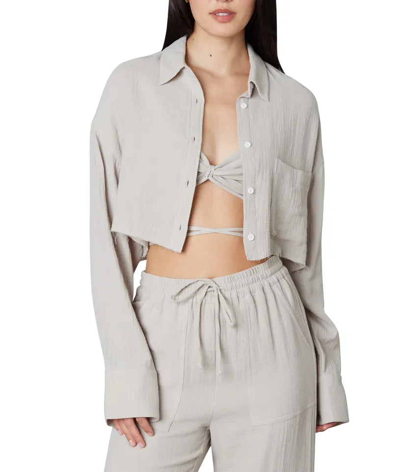 Poplin Boxy Long Sleeve Cropped Button Down Shirt