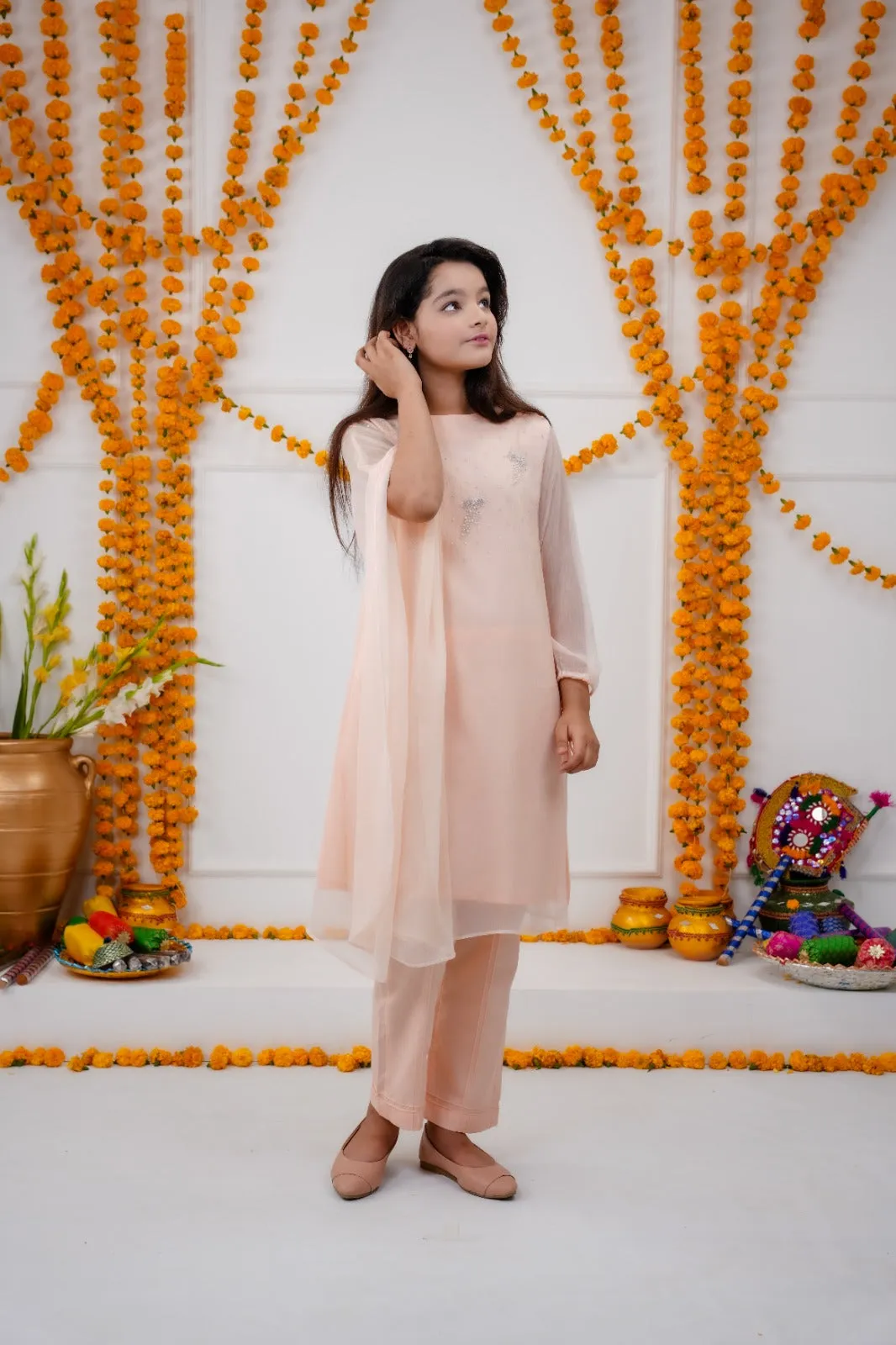 Powder Pink Perfection -  Kids One-Side Poncho Dress
