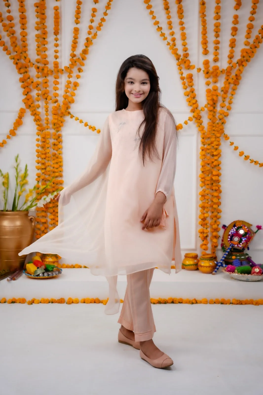 Powder Pink Perfection -  Kids One-Side Poncho Dress