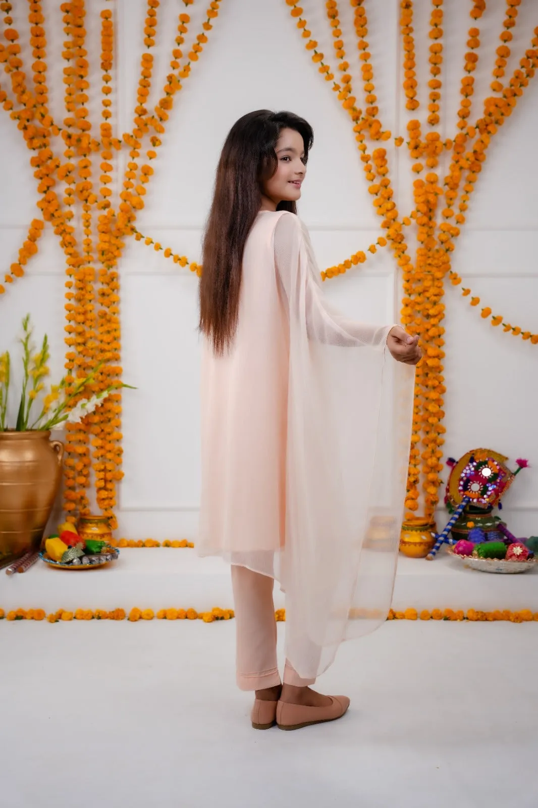 Powder Pink Perfection -  Kids One-Side Poncho Dress