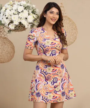 Puffed Sleeve Scalloped Vneck Shift Dress