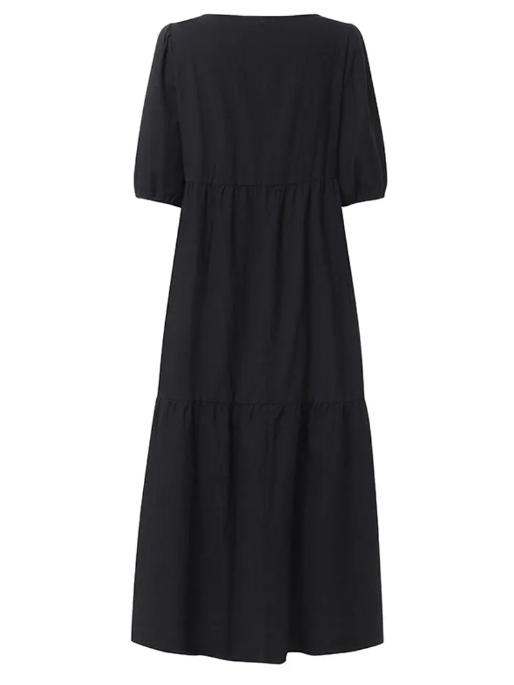 Pure Color Tiered Round Neck Half Sleeve Simple Ruffle Women Midi Dress
