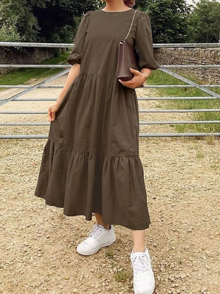 Pure Color Tiered Round Neck Half Sleeve Simple Ruffle Women Midi Dress