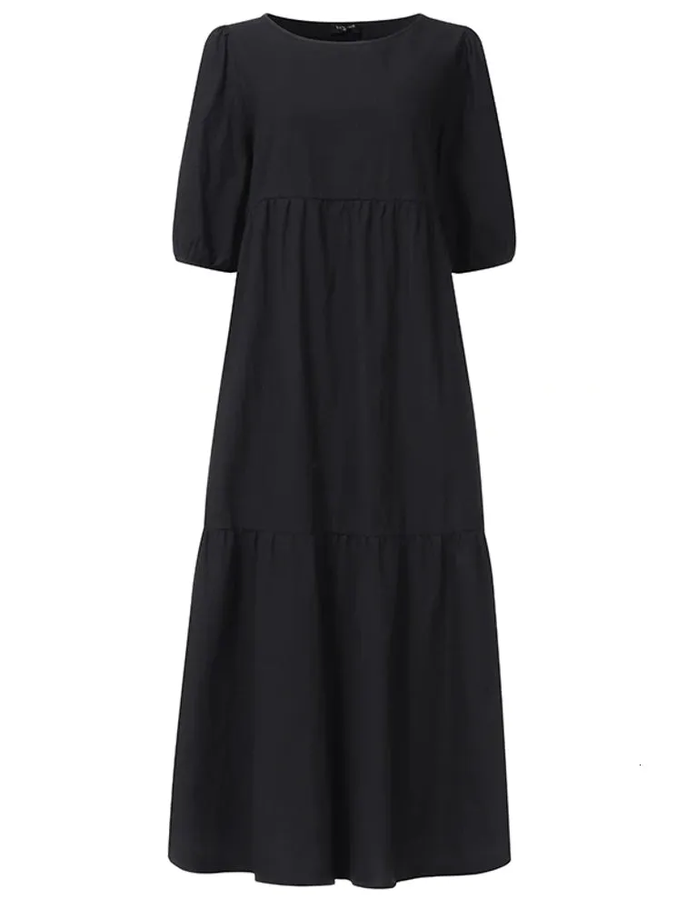 Pure Color Tiered Round Neck Half Sleeve Simple Ruffle Women Midi Dress