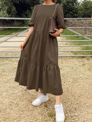 Pure Color Tiered Round Neck Half Sleeve Simple Ruffle Women Midi Dress