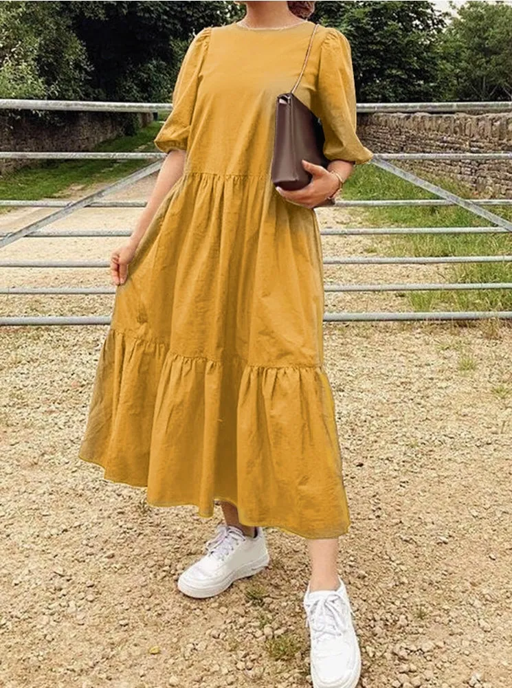 Pure Color Tiered Round Neck Half Sleeve Simple Ruffle Women Midi Dress