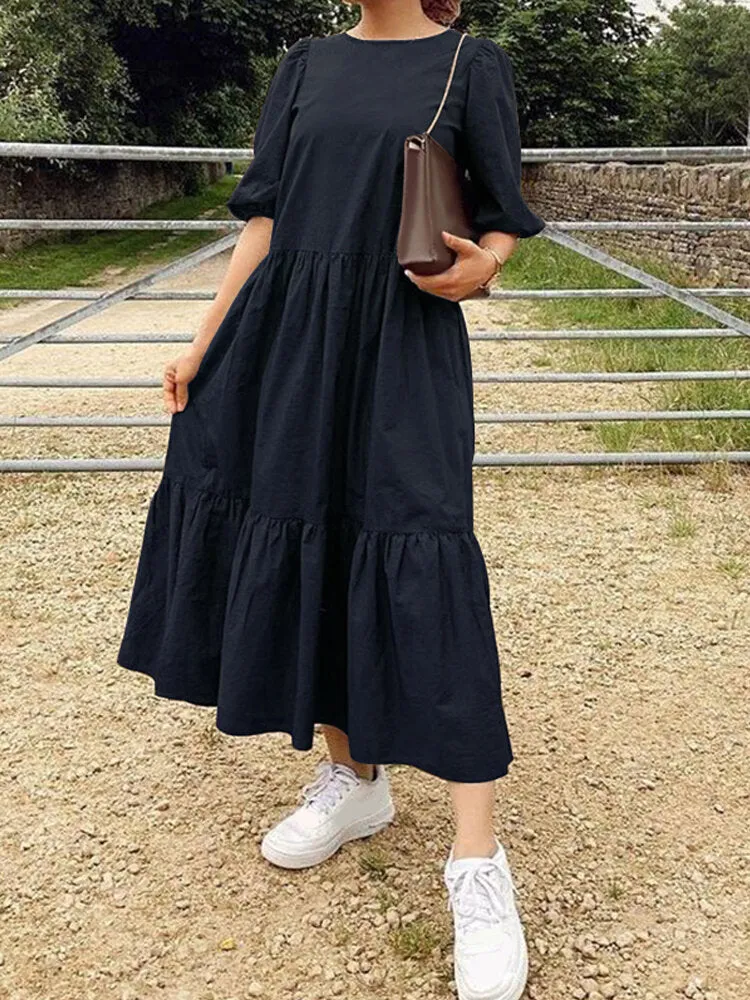 Pure Color Tiered Round Neck Half Sleeve Simple Ruffle Women Midi Dress