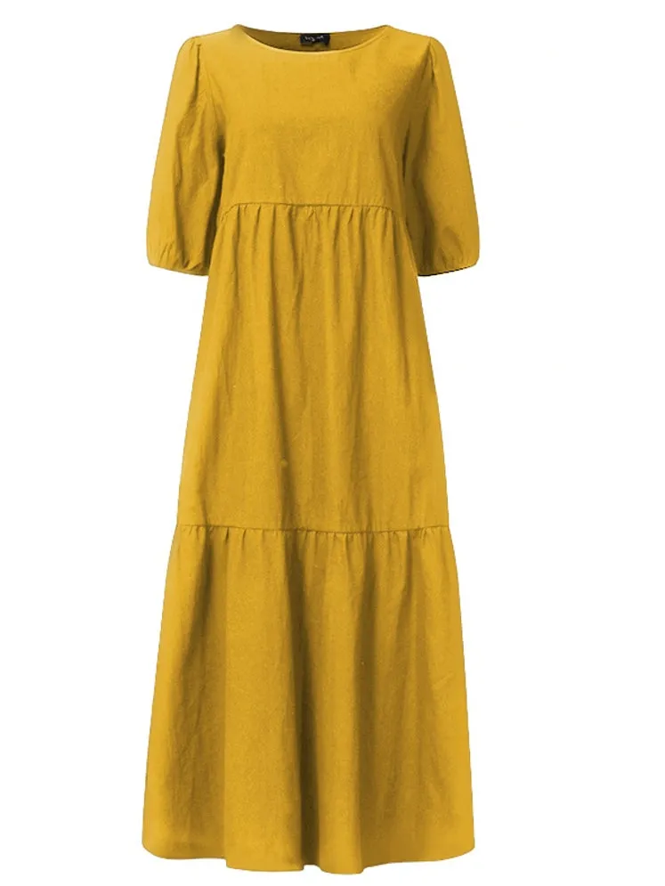 Pure Color Tiered Round Neck Half Sleeve Simple Ruffle Women Midi Dress