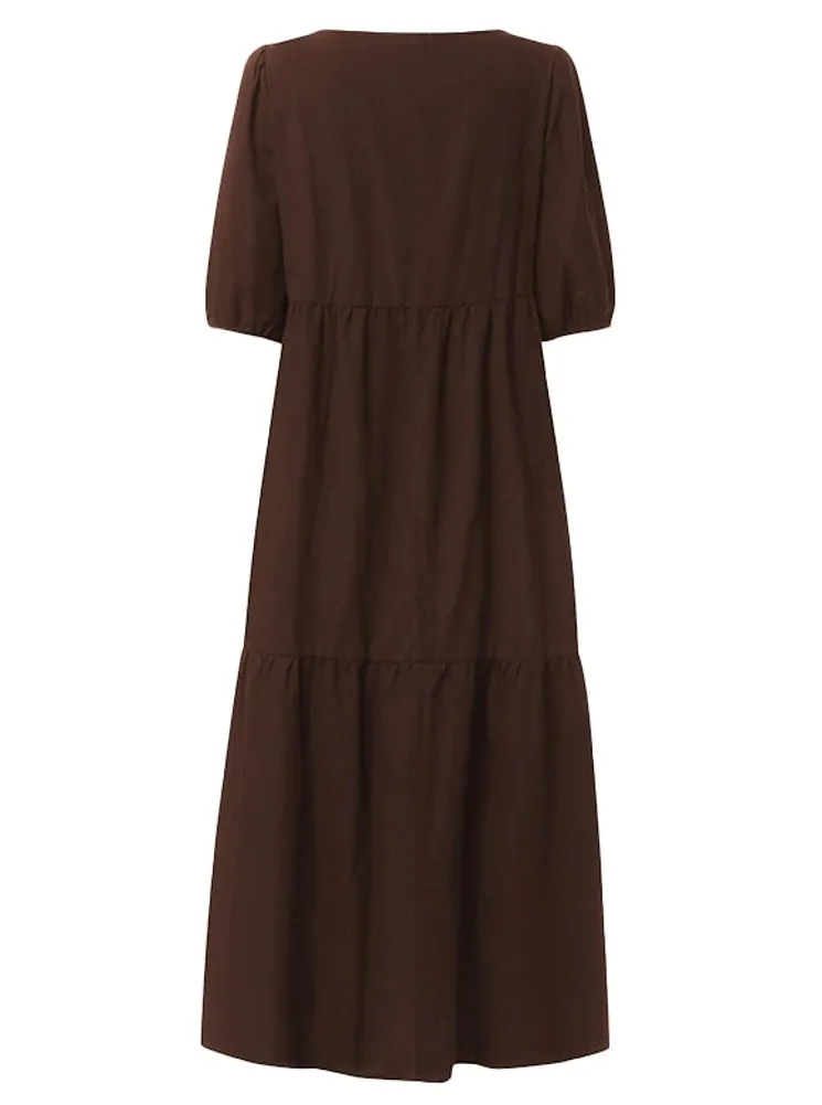 Pure Color Tiered Round Neck Half Sleeve Simple Ruffle Women Midi Dress