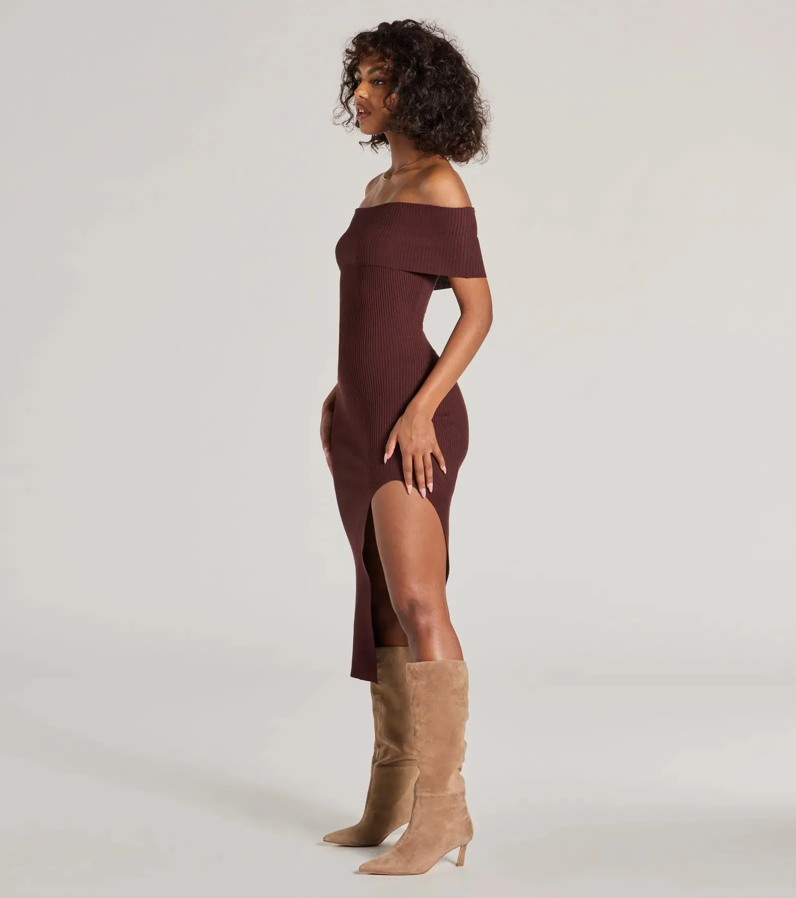 Raise The Bar Ribbed Knit High Slit Midi Dress