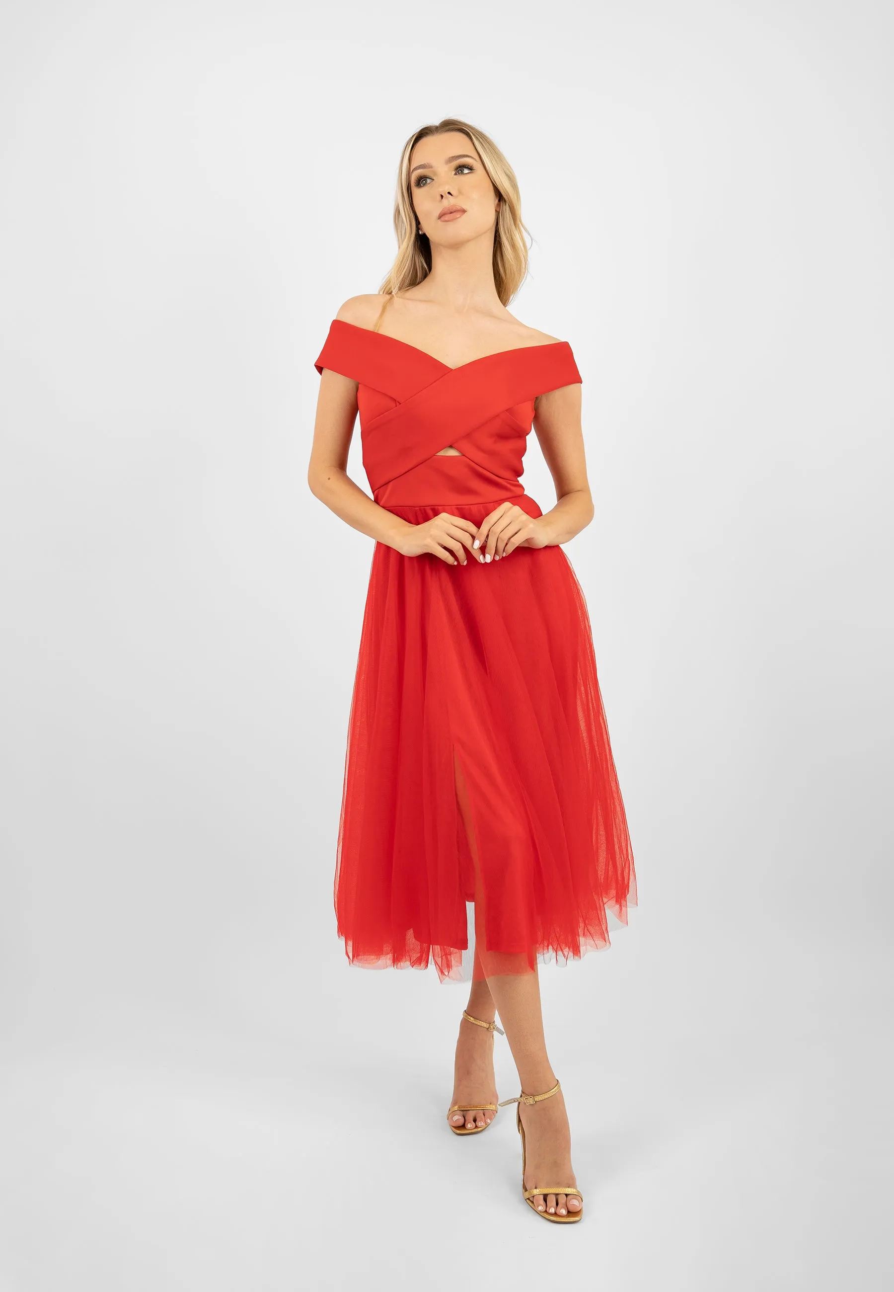 Red Tulle Midi Dress with Slit