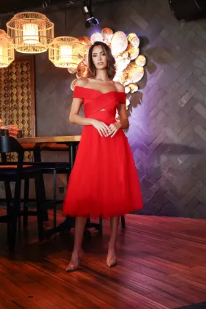 Red Tulle Midi Dress with Slit