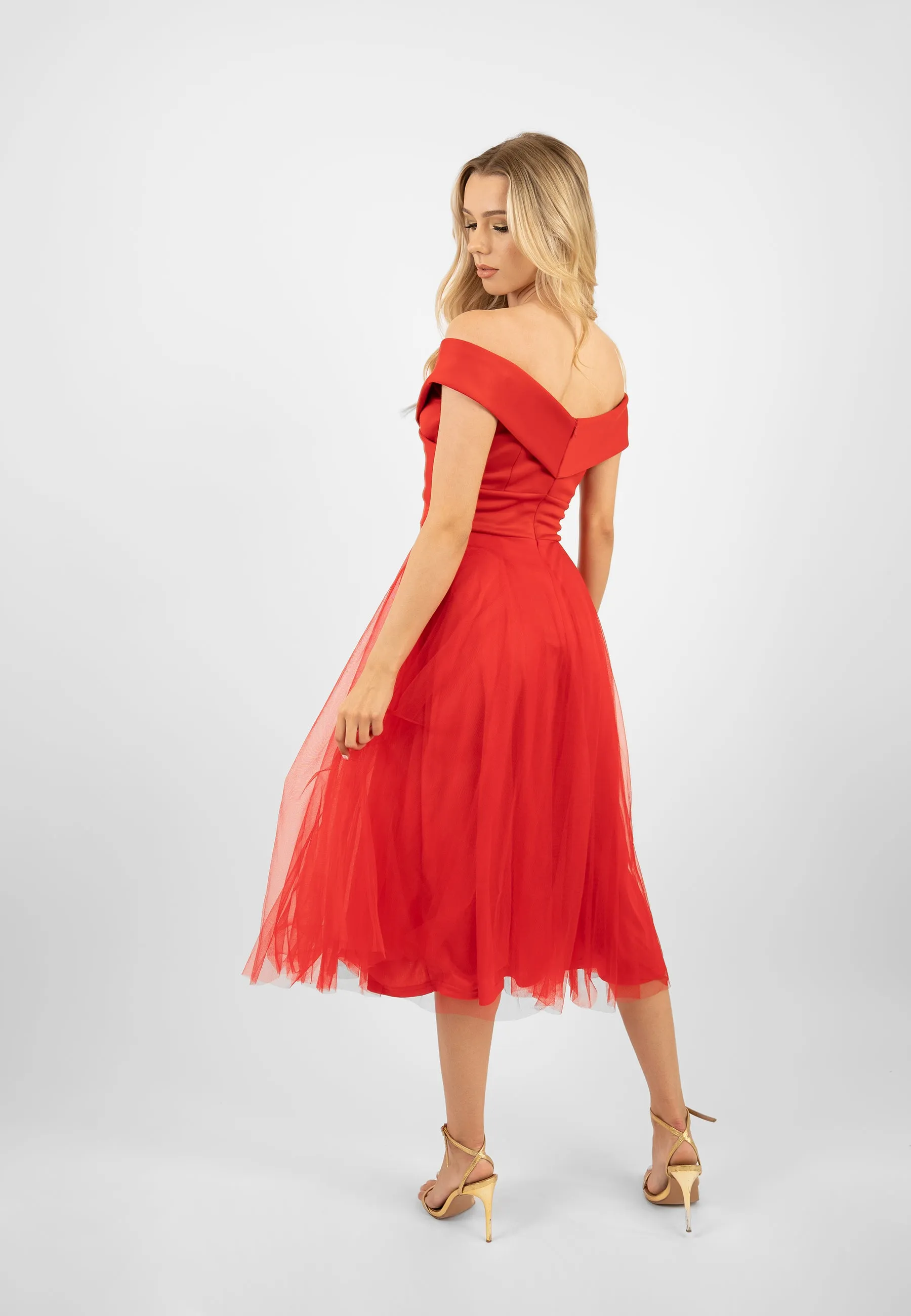 Red Tulle Midi Dress with Slit