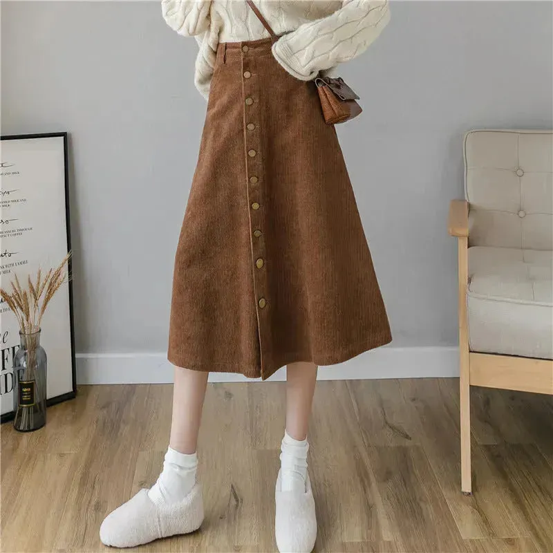 Retro Button A-line Fashion flared Corduroy Midi Skirt
