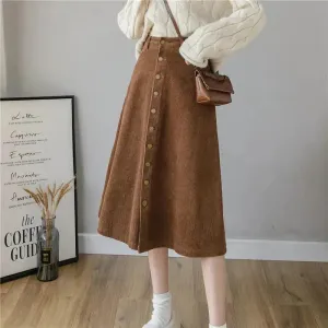 Retro Button A-line Fashion flared Corduroy Midi Skirt