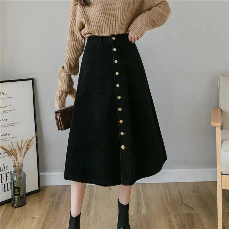 Retro Button A-line Fashion flared Corduroy Midi Skirt
