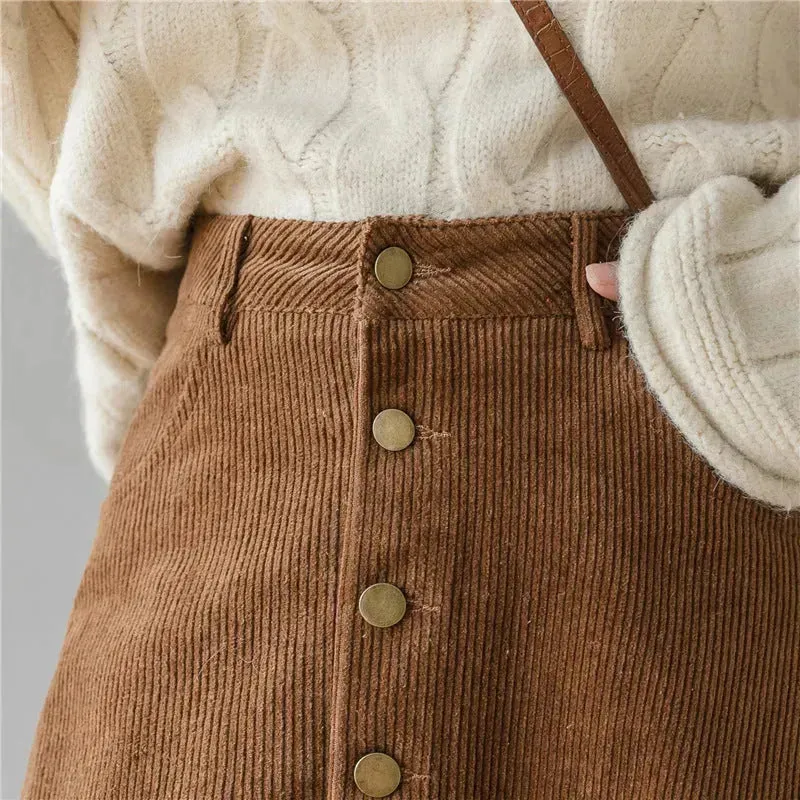 Retro Button A-line Fashion flared Corduroy Midi Skirt
